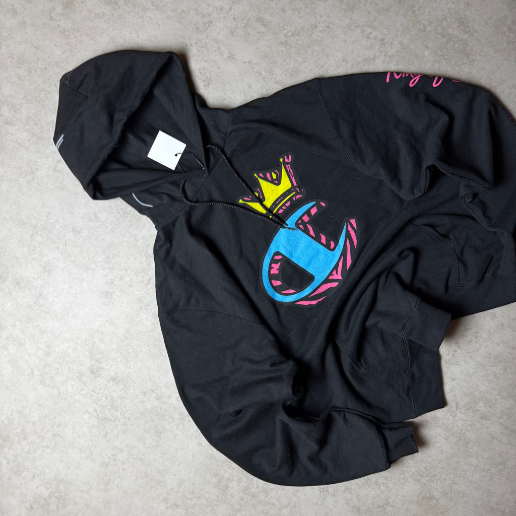 Black Champion Print Hoodie - Size L