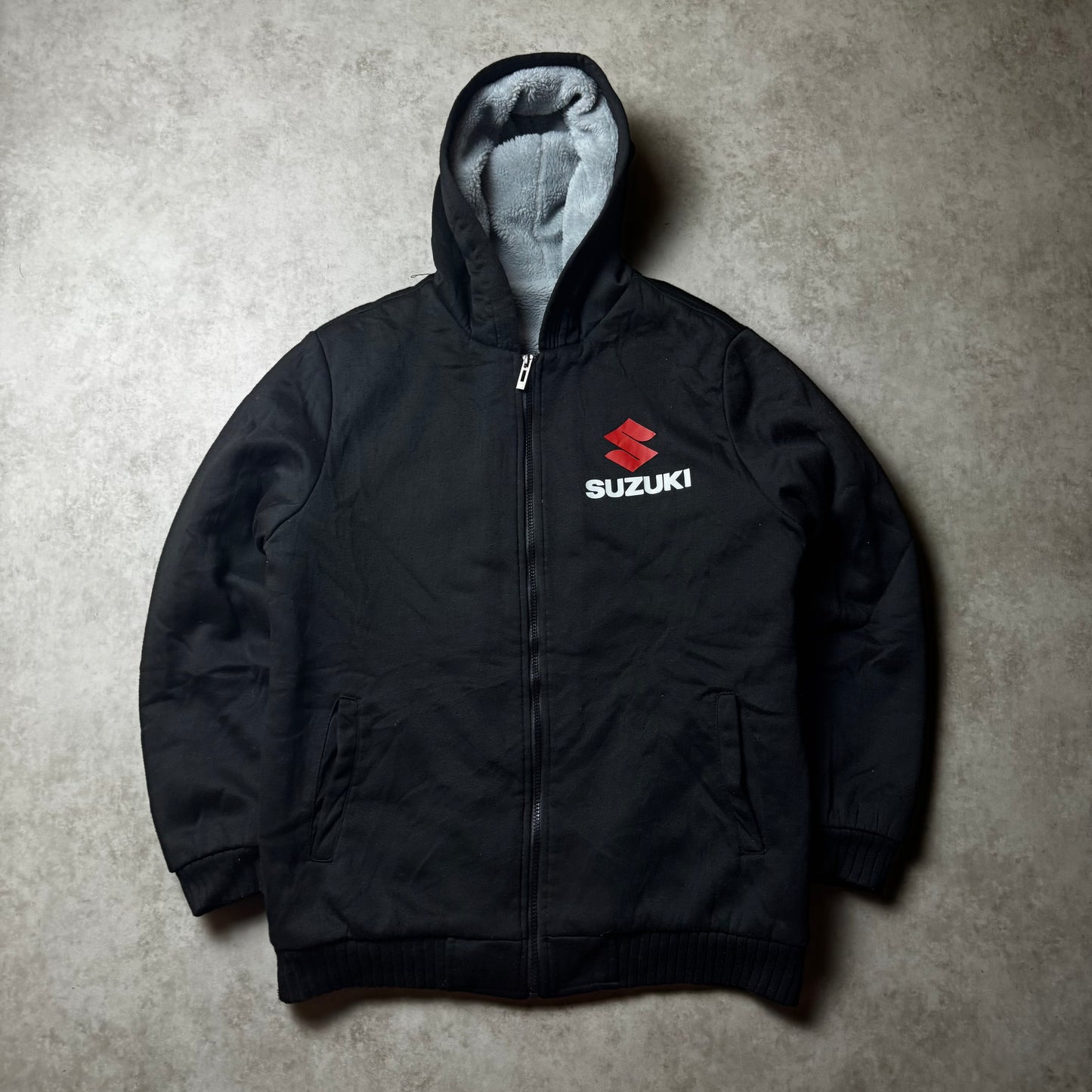 Black Suzuki Zip Up Fur Hoodie - M