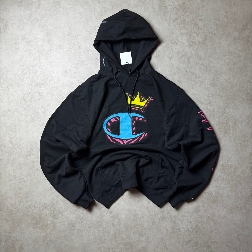 Black Champion Print Hoodie - Size L