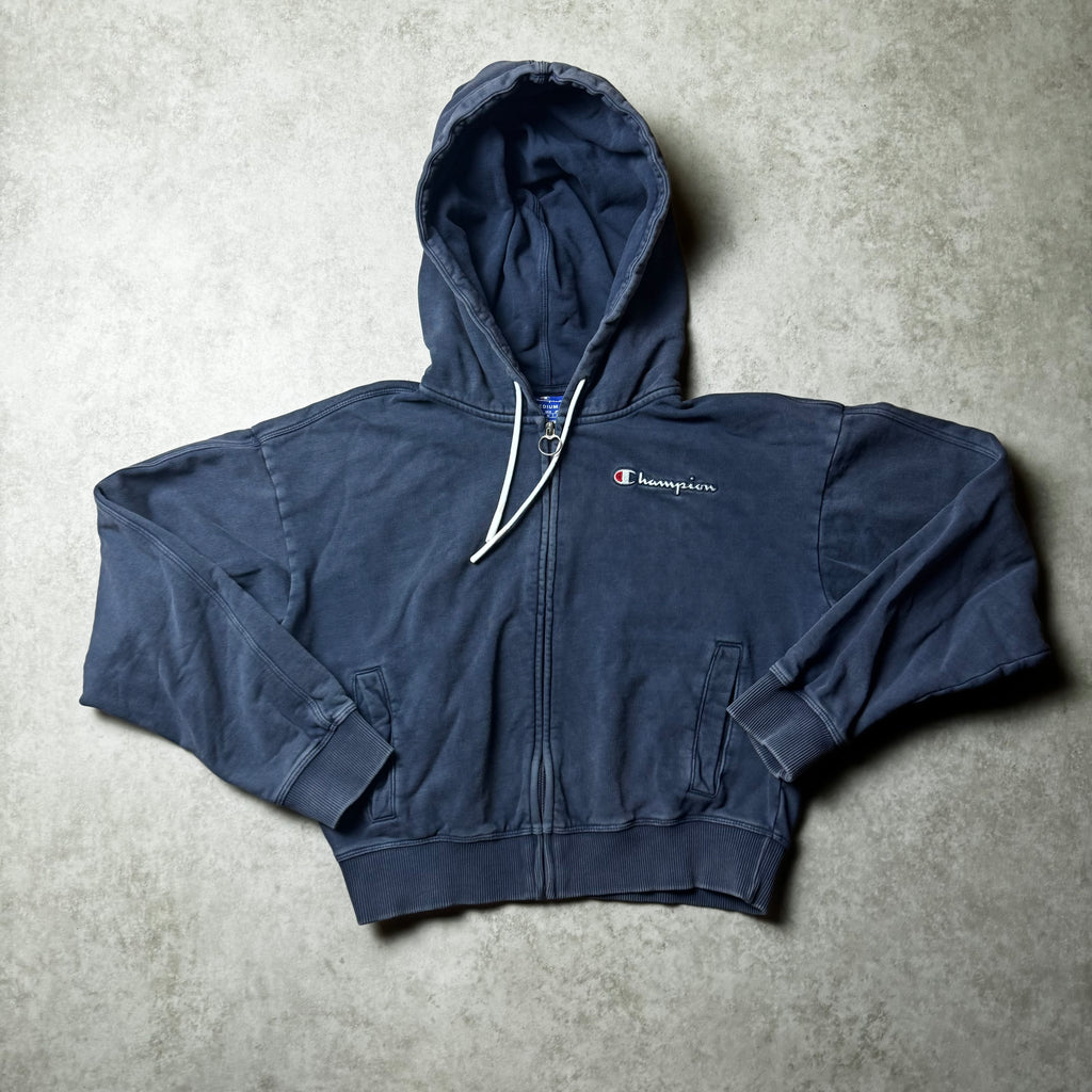 Navy Champion Cropped Zip Up Hoodie - M (XS)
