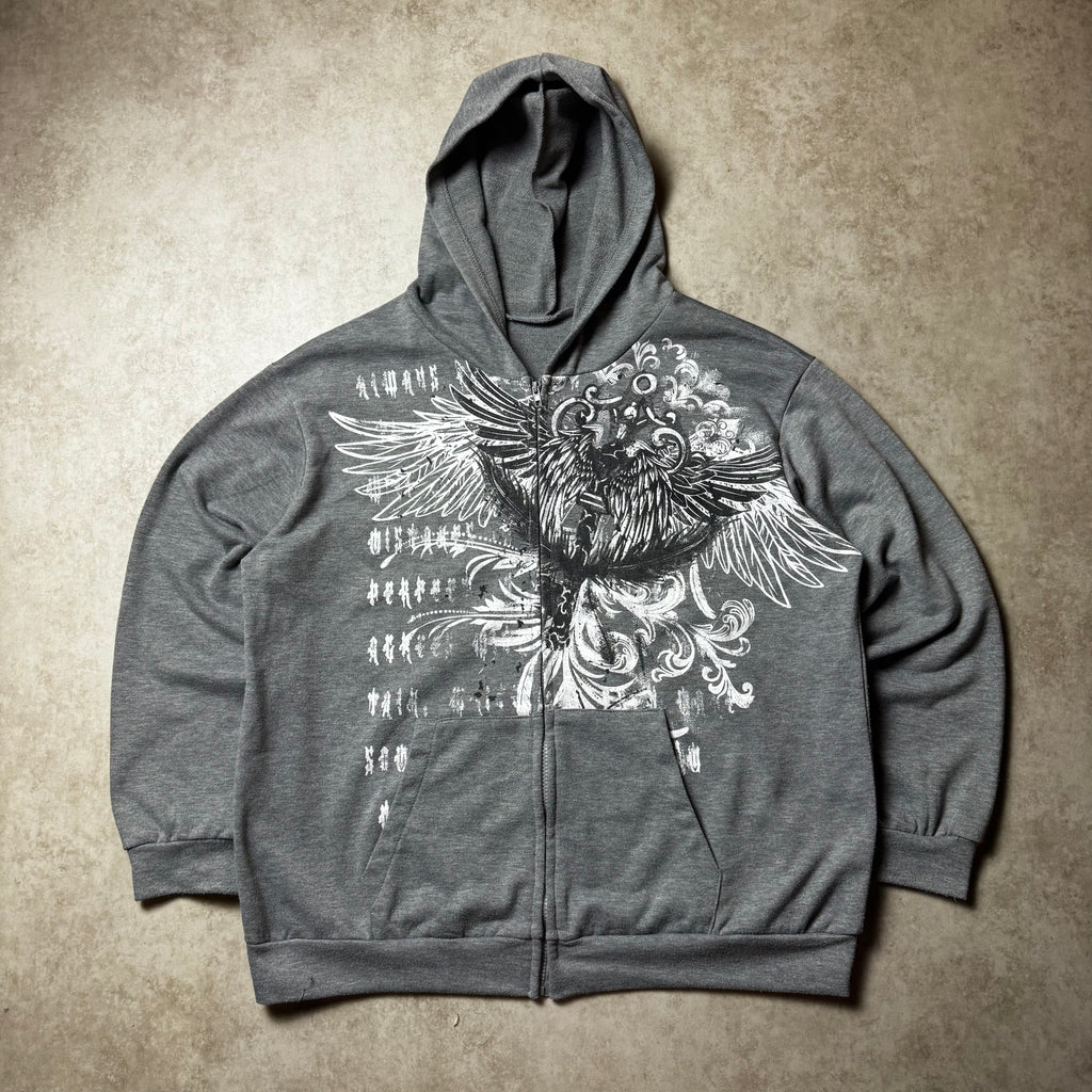 Gray Graphic Y2K Zip Up Hoodie - L