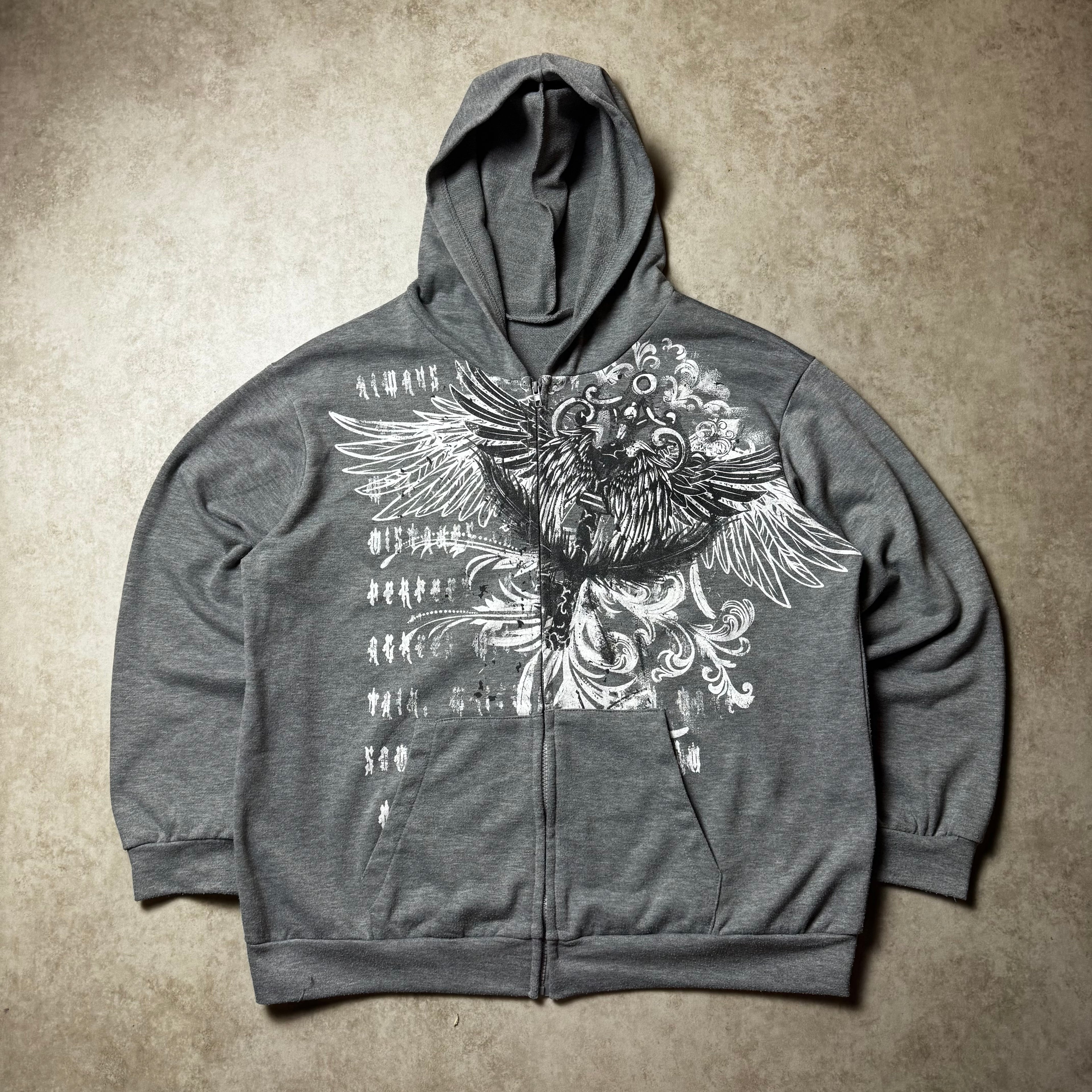 Gray Graphic Y2K Zip Up Hoodie - L