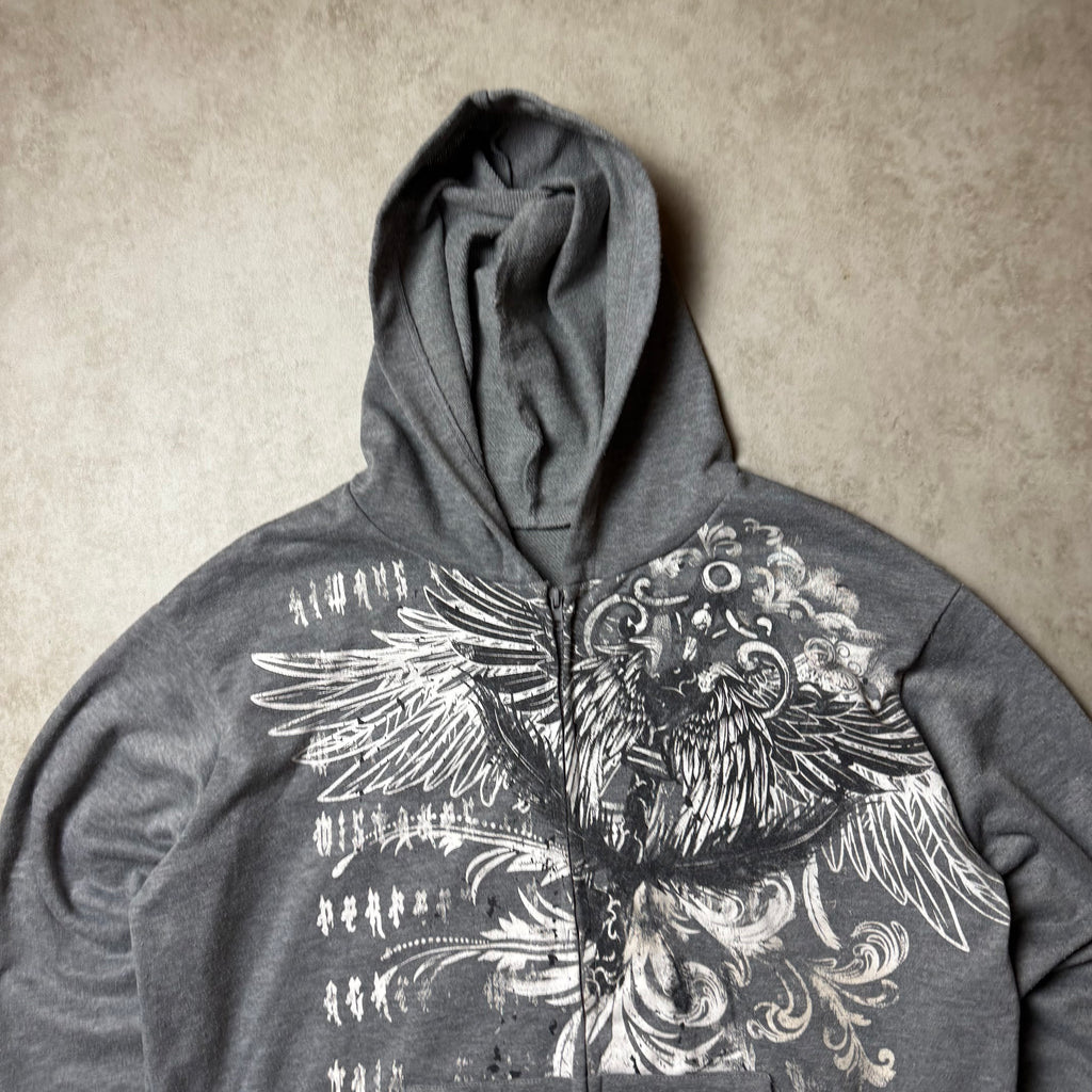 Gray Y2K Graphic Zip Up Hoodie - M
