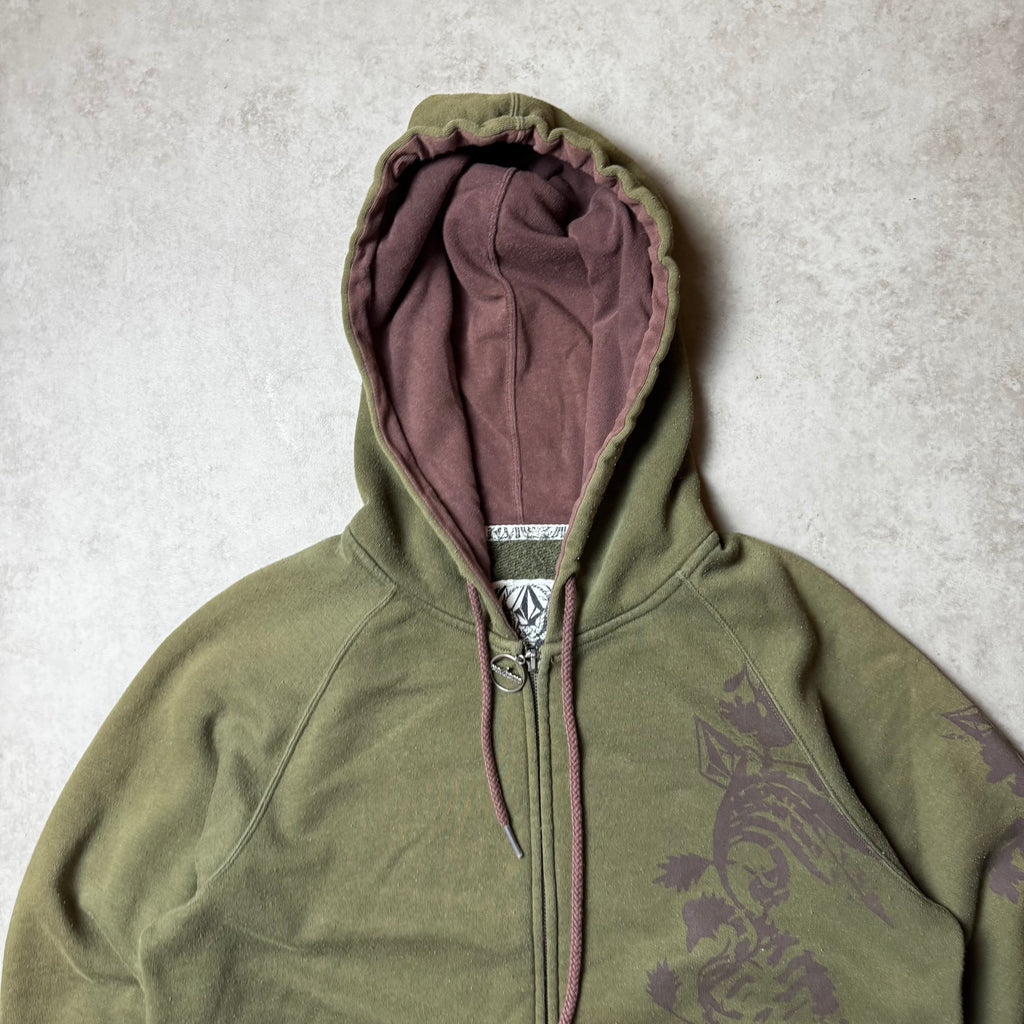 Dark Green Vintage Volcom Zip Up Hoodie - XL (L)