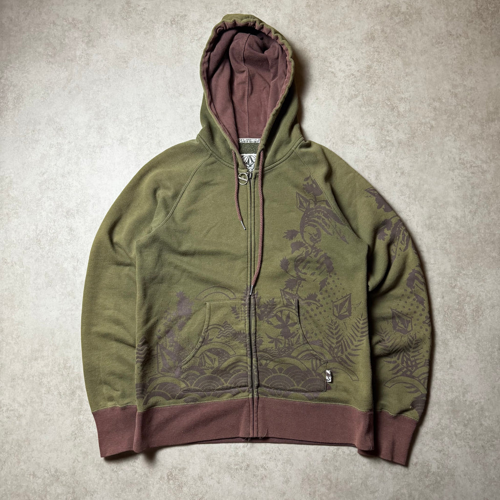 Dark Green Vintage Volcom Zip Up Hoodie - XL (L)