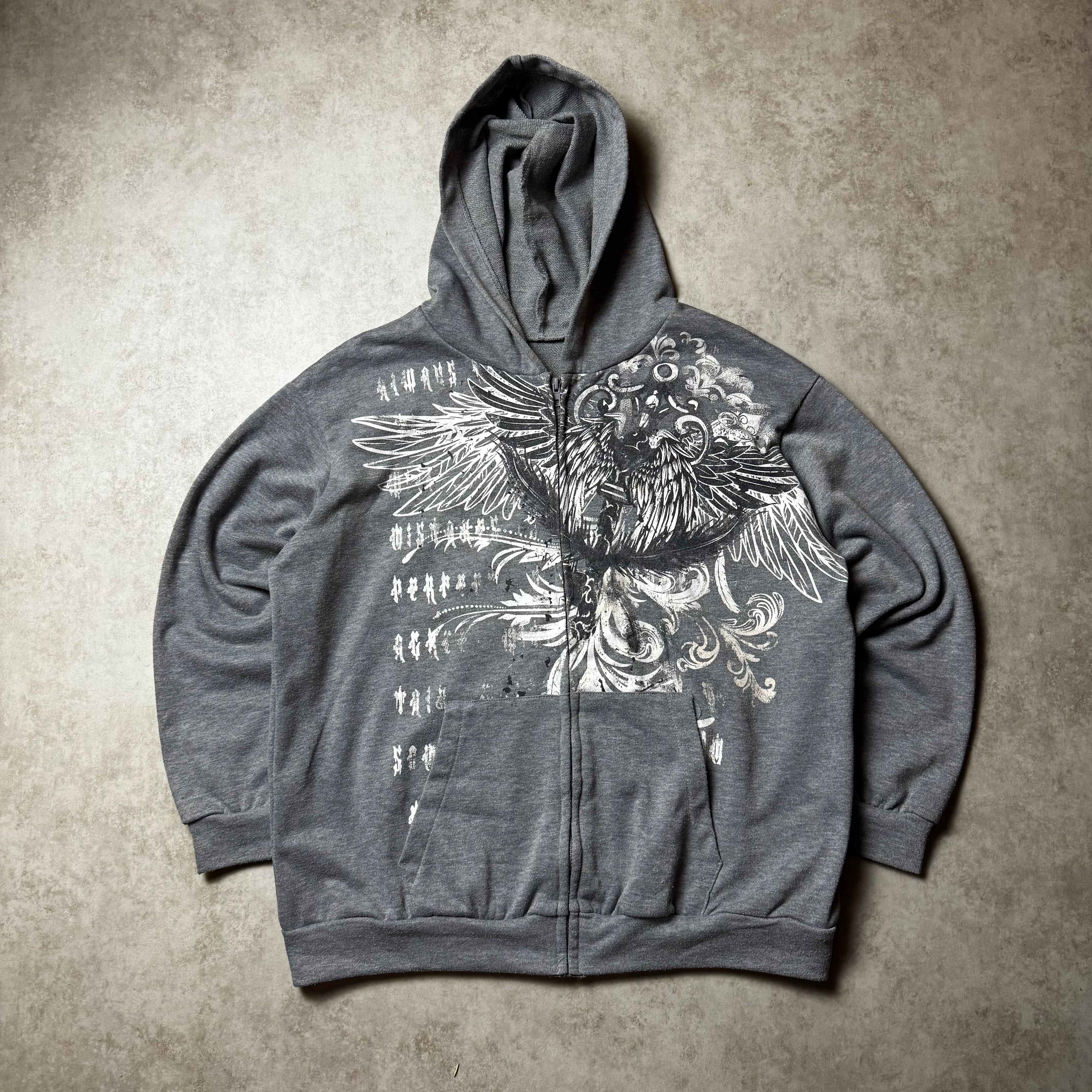 Gray Y2K Graphic Zip Up Hoodie - M