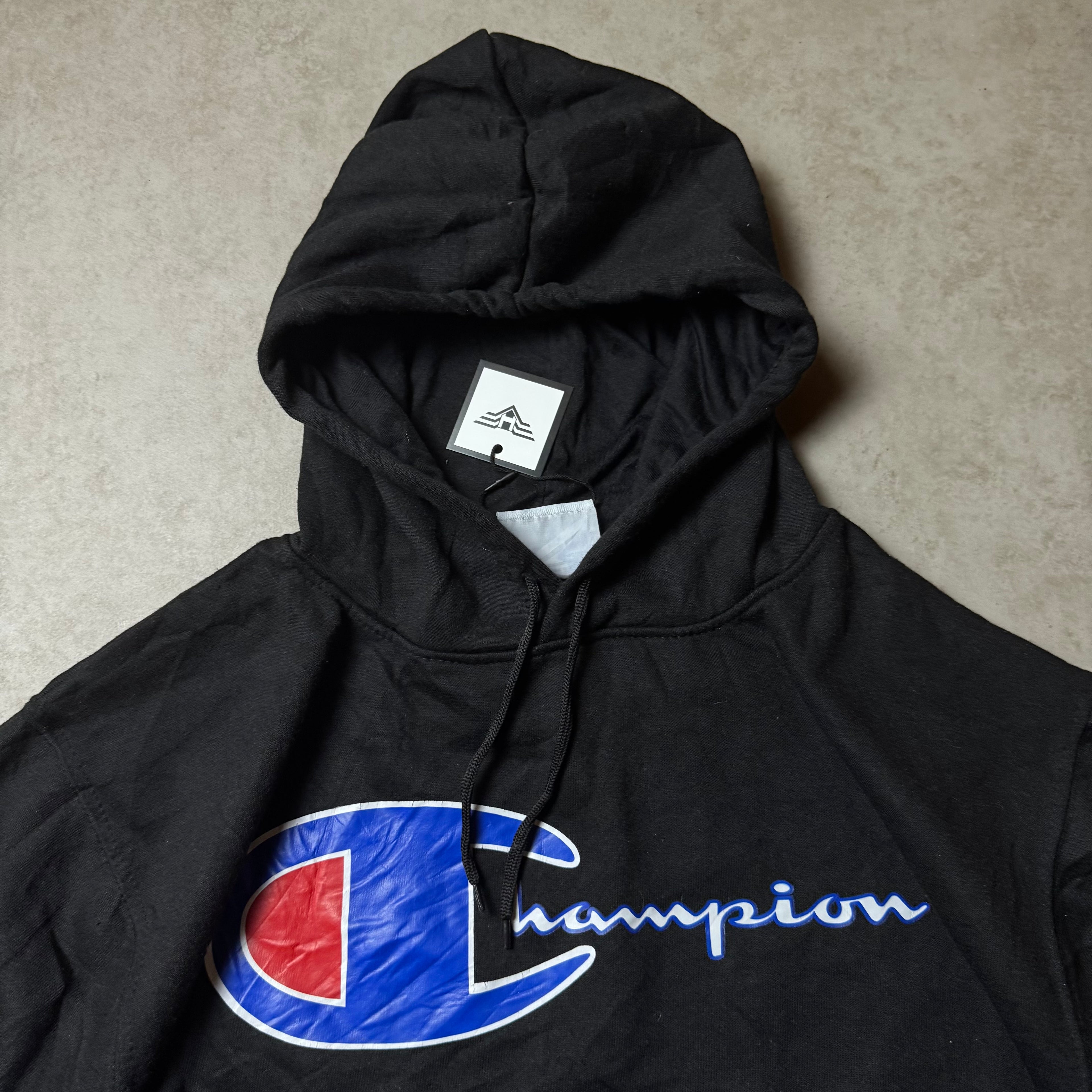 Black Champion Print Hoodie - Size XXL