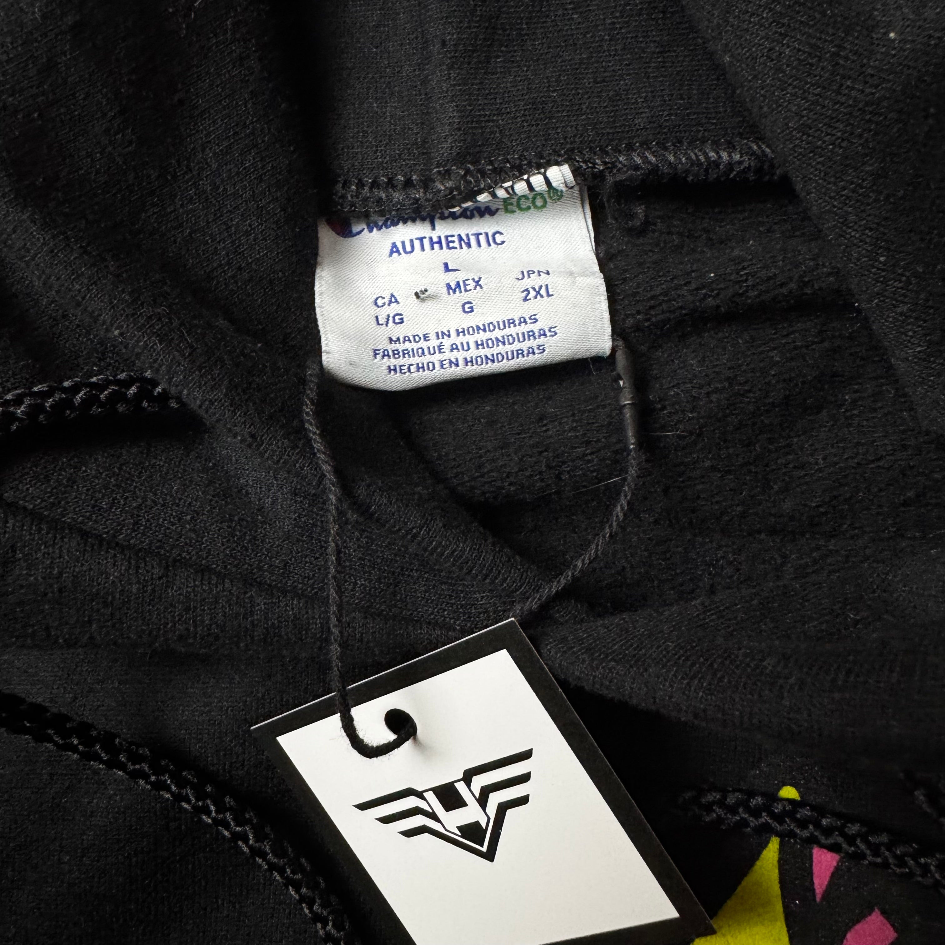 Black Champion Print Hoodie - Size L